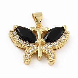 Black Brass Micro Pave Cubic Zirconia Pendants, Cadmium Free & Lead Free, Long-Lasting Plated, Butterfly, Real 18K Gold Plated, Black, 16.5x23.5x6mm, Hole: 3.5x3.5mm