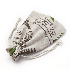 Coconut Brown Polycotton(Polyester Cotton) Packing Pouches Drawstring Bags, with Printed Leaf and Word, Coconut Brown, 18x13cm