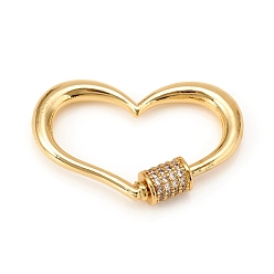 Golden Brass Screw Carabiner Lock Charm, for Necklaces Making, with Clear Cubic Zirconia, Heart, Golden, 21.5x33x3.5mm, Screw: 7x5.5mm