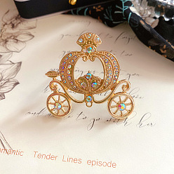 Colorful Rhinestone Pumpkin Cart Brooch Pin, Golden Alloy Badge for Backpack Clothes, Colorful, 40x44mm