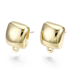 Light Gold Alloy Stud Earring Findings, with Loop and Steel Pin, Square with Plastic Protective Sleeve, Light Gold, 13x10.5mm, Hole: 1.2mm, Pin: 0.7mm