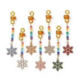 Couleur Mélangete Perles de dreadlocks en alliage d'émail, Clips de décoration pour tressage de perles de verre, pendentifs pour cheveux, flocon de neige, couleur mixte, 83mm, 7 pièces / kit