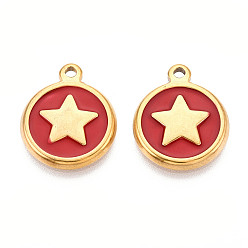 Темно-Красный 304 нержавеющей стальной эмали подвески, реальный 18 k позолоченный, плоские круглые со звездой, темно-красный, 19x15x2.5 мм, отверстие : 1.6~1.8 мм