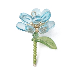 Светло-Голубой Прозрачные стеклянные подвески, цветок, с круглой бусиной из перламутрового стекла и 304 петлей из нержавеющей стали, Небесно-голубой, 36x29x24 мм, отверстие : 1.6 мм