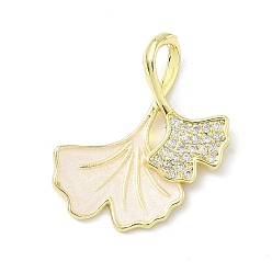 Белый Латунь микропаве фианиты с подвесками из эмали, гингко лист, реальный 18 k позолоченный, белые, 25x23.5x2.5 мм, отверстие : 3.3x5.8 мм