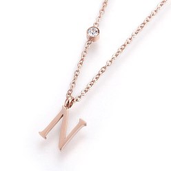 Letter N 304 Edelstahl-Halsketten, mit Glas Strass, Kristall, Roségold, letter.n, 16.1~16.5 Zoll (41~42 cm), Anhänger: 11x5~8.5x1 mm