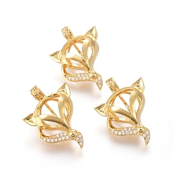 Golden Brass Micro Pave Clear Cubic Zirconia Locket Pendants, Cage Pendants, Long-Lasting Plated, Fox, Golden, 26x19x11mm, Hole: 3mm, Inner Measure: 8mm