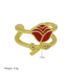 Flower Brass Micro Pave Clear Cubic Zirconia & Enemal Cuff Open Rings for Women, Golden, Flower, 15~20mm