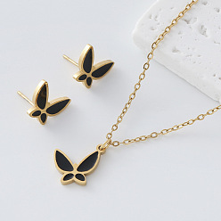 Black 304 Stainless Steel Enamel Butterfly Pendant Necklace & Stud Earrings Set for Women, Golden, Black, 450mm