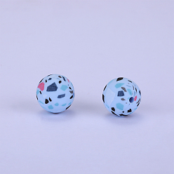 Light Steel Blue Printed Round Silicone Focal Beads, Light Steel Blue, 15x15mm, Hole: 2mm