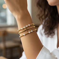 Золотой 3крестики 304 Наборы эластичных браслетов из нержавеющей стали и искусственного жемчуга, браслеты из кабельной цепи, золотые, внутренний диаметр: 6.69~6.89 дюйм (17~17.5 см)