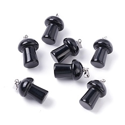 Обсидиан Природные подвески обсидиана, с латунной фурнитурой платинового цвета, гриб, 22~24x14~15 мм, отверстие : 2.4 мм