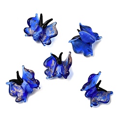 Синий Прозрачные бусины лэмпворк, бусины ручной работы золотой фольги стекла, бабочка, синие, 17~17.5x19~21x8.5 мм, отверстие : 1.5 мм