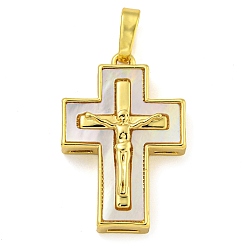 Настоящее золото 18K Латунные подвески с ракушкой, без кадмия и без свинца, крест прелести, реальный 18 k позолоченный, 23.5x16x4.5 мм, отверстие : 3.5x6 мм