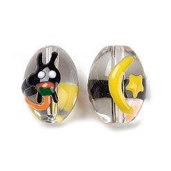 Black Transparent Glass Beads, Hand Painted Beads, with Enamel, Oval with Star & Rabbit, Black, 16x12.5mm, Hole: 1.6mm