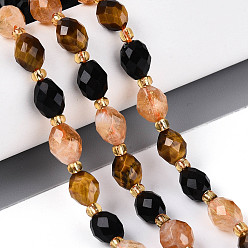 Смешанные камни Нити из бусин из натурального обсидиана, цитрина и тигрового глаза, рис, граненые, с бисером и картоном, 7.5~9x6~7 мм, отверстие : 0.9~1.2 мм, около 18~19 шт / нитка, 7.09~7.68 дюйм (18~19.5 см), 1 прядь / комплект