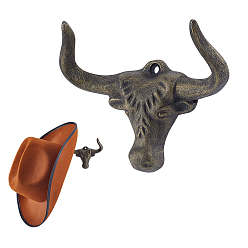 Античная Бронза Железный дверной крюк, форма головы крупного рогатого скота, античная бронза, 97x125x53 мм, отверстие : 5 мм