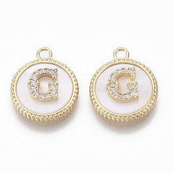 Letter G Brass Micro Pave Cubic Zirconia Pendants, with Shell, Flat Round with Letter, Nickel Free, Clear, Creamy White, Real 18K Gold Plated, Letter.G, 17x14x4mm, Hole: 1.8mm