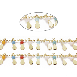 Colorful Handmade Glass Beaded Chains, with Real 18K Gold Plated Brass Side Twisted Chains Curb Chains, with Spool, Long-Lasting Plated, Soldered, Colorful, 2.5x2x1mm, teardrop,: 10x3x3mm, about 32.8 Feet(10m)/roll