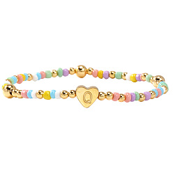 Letter Q Summer Stainless Steel Heart Alphabet Colorful Glass Seed Beaded Stretch Bracelets for Women, Golden, Letter Q, 6.89 inch(17.5cm)