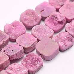 Pearl Pink Natural Druzy Quartz Crystal Bead Strands,Dyed, Square, 12~12.5x12~12.5x5~7mm, Hole: 1mm, about 16pcs/strand, 7.6 inch(19.5cm)