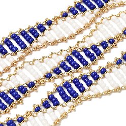 Синий Цельнозерновые бисерные цепочки, с цепочкой из латуни с покрытием из настоящего золота 18k, пайки, синие, 12.5~15.5x2.5 мм