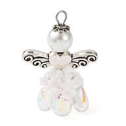 Прозрачный Стеклянные подвески, ангел, с бусинами из сплава и 304 петлей из нержавеющей стали, прозрачные, 33x23.5x11.5 мм, отверстие : 3 мм