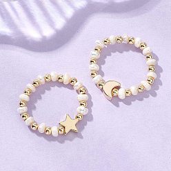 Золотой 2шт. 2 стили: кольца на палец из натурального культивированного пресноводного жемчуга с бусинами, эластичные., Луна и звезды, с латунной бисера, золотые, 18~21 мм, 1 шт / стиль