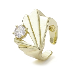 Golden Rack Plating Brass Micro Pave Cubic Zirconia Solitaire Ring, Cuff Rings, Fan, Golden, US Size 6 1/4(16.7mm)