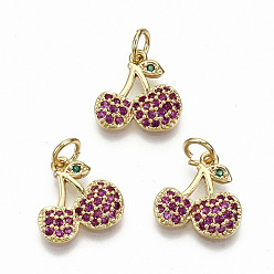 Real 16K Gold Plated Brass Micro Pave OldRose Cubic Zirconia Charms, with Jump Rings, Nickel Free, Cherry, Real 16K Gold Plated, 12.5x13x3mm, Jump Ring: 5x0.8mm, 3.4mm inner diameter