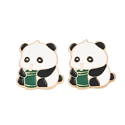 Green Panda with Bamboo Alloy Enamel Cabochons, with Self Adhesive Sticker, Light Gold, Green, 27.5x25x1.5mm