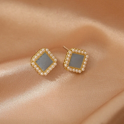 Square Alloy Enamel Earrings for Women, with Imitation Pearl Beads, Square, 18x11mm