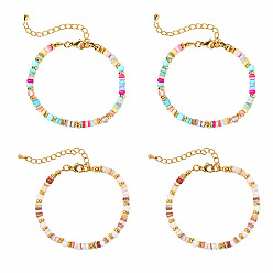 Mixed Color 2 Colors Bohemian Dyed Natural Shell Heishi Beaded Bracelet Sets, Adjustable Stackable Bracelets with Brass End Chains and Glass Beads, Golden, Mixed Color, 6.50 inch(16.5cm)~6.69 inch(17cm), 4pcs/set