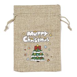 Рождественская елка Рождественские упаковочные пакеты из мешковины с принтом, сумки на шнурке, прямоугольные, загар, рождественская елка, 14x10x0.01 см