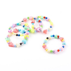 Colorful Acrylic Kids Bracelets Sets, Stretch Beaded Bracelets, with Mixed Shapes Plastic Beads, Colorful, Inner Diameter: 1-3/4 inch(4.3cm), 5pcs/set