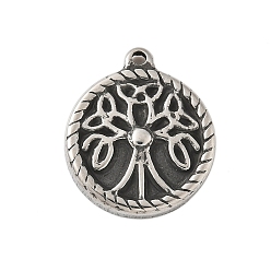 Античное Серебро 304 подвески из нержавеющей стали в тибетском стиле, плоские круглые с деревом, античное серебро, 18x15x3 мм, отверстие : 1.4 мм