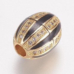 Golden Brass Micro Pave Cubic Zirconia Beads, with Black Enamel, Oval, Golden, 12.5x9.5mm, Hole: 3mm