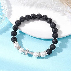 Платина Браслеты из натуральных жемчужин из лавы и ракушек, круглые бусины, Браслеты из латунных бусин-крестов с микропаве из кубического циркония для женщин, платина, внутренний диаметр: 2 дюйм (5.2 см)