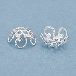 Посеребрённый Латунные причудливые шапочки для бус, 5-лепестков цветка, 925 серебро покрытием, 10x4 мм, отверстие : 1 мм