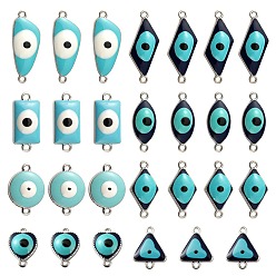 Sky Blue 32Pcs 8 Style Platinum Alloy Enamel Links Connectors, Heart & Triangle & Rhombus & Quadrangle & Rectangle & Flat Round with Evil Eye, Sky Blue, 17.5~31x11~16x4~4.5mm, Hole: 1.2~1.8mm, 4pcs/style