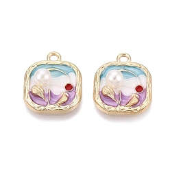 Средний Фиолетовый Подвески из эмали и сплава, квадратные и цветочные подвески, с ABS имитации жемчуга, золотой свет, средне фиолетовый, 19x16x6 мм, отверстие : 1.8 мм