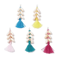 (52) Непрозрачная лаванда Большие подвески из натуральной ракушки каури, бусины из полимерной глины ручной работы и кисточки из поликоттона ручной работы, с петлями из медной проволоки, платина, разноцветные, 75x21~24x10~12 мм, отверстие : 3 мм