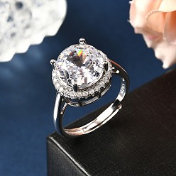 Плоский Круглый Регулируемые 925 кольца-манжеты из стерлингового серебра с микропаве из кубического циркония для женщин, Реальная платина, плоско-круглые, размер США 7 1/4 (17.5 мм), плоско-круглые: 13 mm