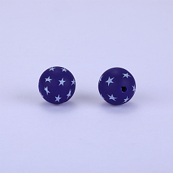Dark Slate Blue Printed Round with Star Pattern Silicone Focal Beads, Dark Slate Blue, 15x15mm, Hole: 2mm