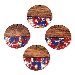 Красный Подвески из прозрачной смолы и ореха, золотой фольгой, плоские круглые прелести, красные, 38.5x3 мм, отверстие : 2 мм