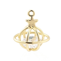 Настоящее золото 14K Латунные микропаве прозрачные кубические циркониевые подвески, без кадмия, без никеля и без свинца, планета со звездой, реальный 14 k позолоченный, 15x13x11 мм, отверстие : 1 мм