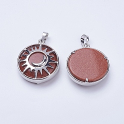 Goldstone Synthetic Goldstone Pendants, with Brass Findings, Flat Round with Sun & Moon, Platinum, 31x27.5x8mm, Hole: 5x7mm