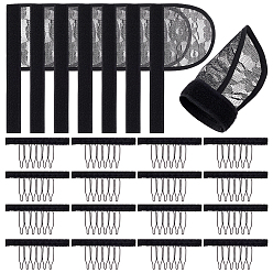 Black 8Pcs Polyester Wig Ponytail Caps, with Hook and Loop Fastener, 16Pcs Stainless Steel & Polyester Hair Combs, Black, 187x100x3mm