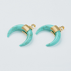 Синтетическая Бирюза Синтетические бирюзовые подвески, с латунной фурнитурой золотого цвета, окрашенные, двойной рог / полумесяц, 32~34x30~33x8.5 мм отверстие: 5x7 мм