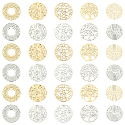 Mixed Color 20Pcs 10 Styles Rack Plating Brass Hollow Out Connector Charms, Long-Lasting Plated, Flat Round Etched Metal Embellishments, Mixed Color, 18~20x0.3mm, Hole: 1.2~1.6mm, 2pcs/style